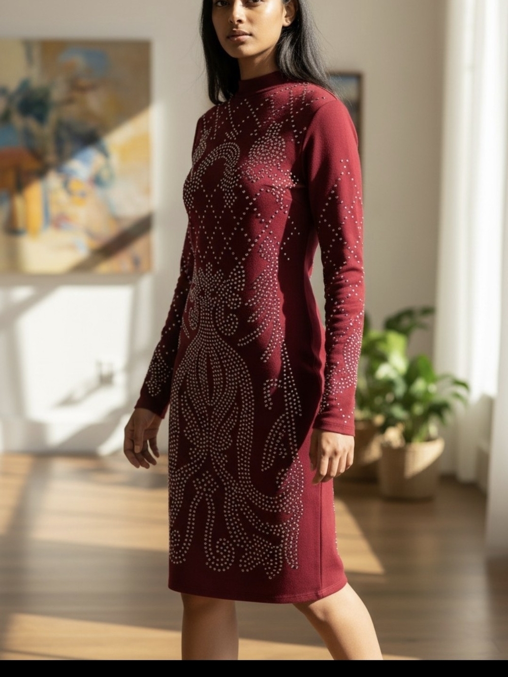 NWT Revamped La Nuit Burgundy Rhinestone Embellished Bodycon Midi Dress Size L